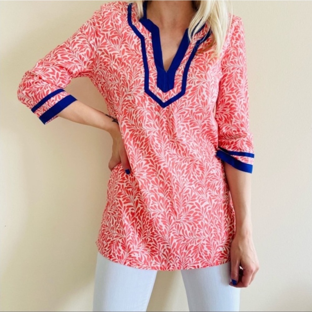 J.Crew V Neck Tunic Blouse Coral Blue Size Small